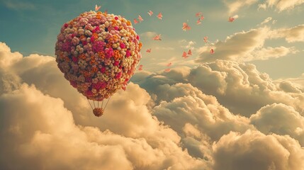 Wall Mural - a heart shaped balloon floating in the air surrounded by clouds and butterflies in a blue sky with p