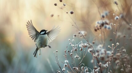 Sticker -  a bird that is flying in the air with its wings wide open and it's wings are spread wide and there is a plant in the foreground with white flowers in the foreground.