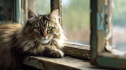 Sticker -  a close up of a cat laying on a window sill next to a pane of glass with a window pane in the background and a blurry background.