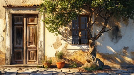 Wall Mural -  a tree in front of a building with a door and window on the side of the building and a potted plant on the side of the outside of the building.