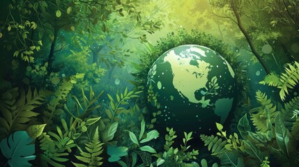 Wall Mural -  a painting of the earth in the middle of a forest filled with green plants and trees, with the sun shining through the trees to the earth in the distance.