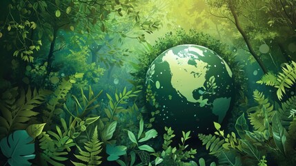 Poster -  a painting of the earth in the middle of a forest filled with green plants and trees, with the sun shining through the trees to the earth in the distance.