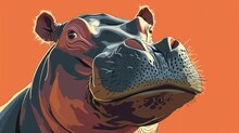  A Close Up Of A Hippopotamus's Face On An Orange Background With The Head Of A Hippopotamus In The Foreground Of The Hippopotamus.