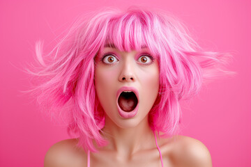 Wall Mural - Portrait of a beautiful excited young woman with pink hair on a pink background. Suprised woman with a pink hair. Shocked girl portrait. Believing in Shock. Amazed Young Woman with Pink Hair Staring 