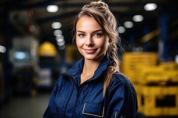 Wall Mural - Portrait of a young female engineer smiling in a factory