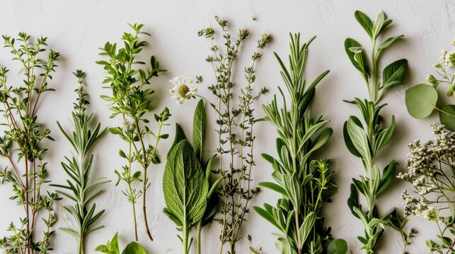 a group of different types of herbs on a white surface with green leaves and white flowers on each s