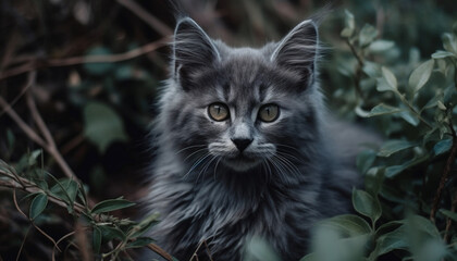 Poster - Cute kitten sitting in grass, looking at camera with blue eyes generated by AI