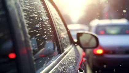 Wall Mural - Blurred motion, raindrop, wet road, illuminated cityscape generated by AI