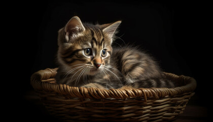 Poster - Cute kitten, furry and small, sitting in a basket generated by AI