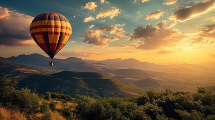 Sticker -  a hot air balloon flying over a lush green hillside under a cloudy blue sky with a sun setting in the distance over a valley with trees and mountains in the foreground.