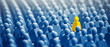 Yellow figure distinct among blue crowd, representing the concept of finding the right person in HR, business strategy, and organizational psychology