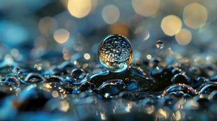 Poster -  a drop of water sitting on top of a pile of blue and yellow bubbles on top of a blue and white surface with a light reflecting off the top of the water.