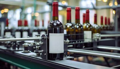 Canvas Print - Bottling plant fills wine bottles in a row generated by AI