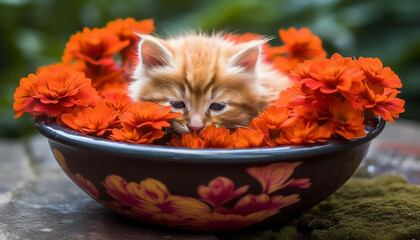 Sticker - Cute kitten sitting in grass, surrounded by flowers, playful and adorable generated by AI