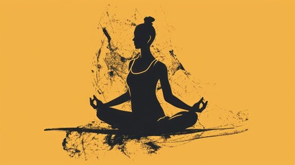 Sticker -  a silhouette of a woman sitting in a lotus position with her hands in her pockets and a hat on top of her head, in front of a yellow background.