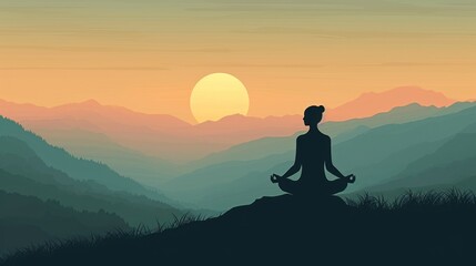 Poster -  a person sitting in a lotus position on top of a hill with a view of the mountains and the sun rising over the mountains in the distance in the distance.