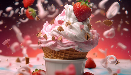 Sticker - Sweet food, gourmet ice cream, fresh strawberry, creamy dessert generated by AI