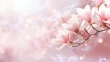 Fototapeta Lawenda - Pink magnolia blossom on isolated magical bokeh background with copy space for text placement