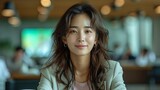 Fototapeta  - Korean girl, news anchor, half body, sitting with white suit and pink t-shirt , brown long hair, unique beauty, thin face