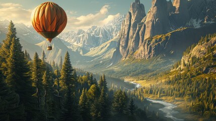 Poster -  a painting of a mountain scene with a hot air balloon flying over a river in the foreground and a mountain range in the background with a river running through it.