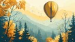  a painting of a hot air balloon flying in the sky over a wooded area with trees and a mountain range in the background with birds flying in the sky above.