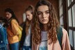 Sad pretty teenage girl looking at the camera at her school	hallway
