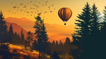 Poster -  a painting of a hot air balloon flying in the sky over a forest with a flock of birds flying over the trees and a mountain in the distance is a sunset.