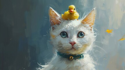 Wall Mural -  a painting of a cat with a rubber duck on it's head and a rubber duckie on top of it's head, against a blue background.