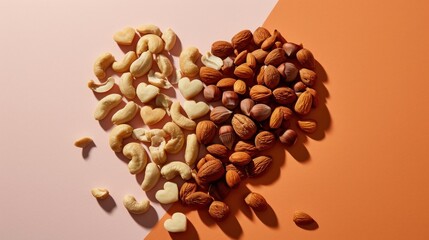 Sticker -  a pile of nuts sitting next to each other on top of a pink and orange surface with a heart shape made out of nuts on the top of the nuts.