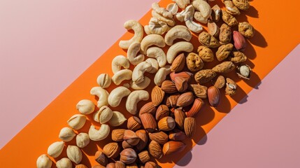 Sticker -  a pile of nuts sitting on top of an orange and pink table top next to a pink and orange striped wall and a pink and orange background with an orange stripe.