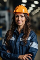 Poster - Portrait of a female industrial worker wearing a hard hat