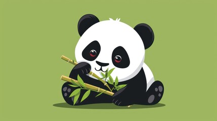 Poster -  a panda bear sitting on the ground with bamboo sticks in it's paws and holding a bamboo stick in its paws, with a green background that says panda.