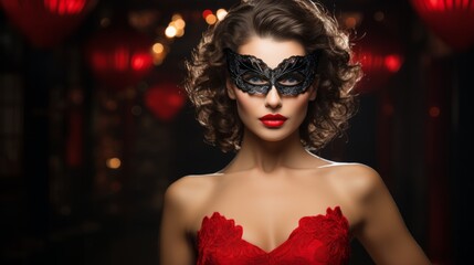 Wall Mural - Glamorous brunette with bright makeup in a masquerade mask and red sequin dress on a dark background. Concept for masquerade, holiday, corporate party and nightlife. Ideal for fashion, luxury content