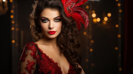 Wall Mural - Glamorous brunette with bright makeup in a masquerade headdress and red sequin dress. Concept for masquerade, holiday, corporate party and nightlife. Ideal for fashion, luxury content