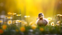 A Closeup Shot Of A Small Duckling Sitting On The Grass In Flowers On A Blurred Sunny Background. Happy Easter