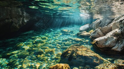 Sticker -  a body of water that has some rocks under it and some water on the other side of the water, with sunlight coming in from the top of the water.