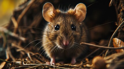 Poster -  a close up of a mouse in a pile of dry grass with leaves in the foreground and a blurry background to the left of the mouse's face.