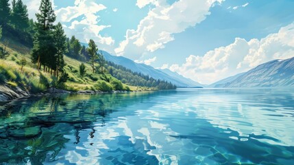 Sticker -  a painting of a lake with mountains in the background and a blue sky with clouds in the foreground and a few trees on the other side of the water.