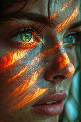 An experimental creative portrait of woman's face with orange light and natural sunlight