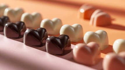 Sticker -  a row of heart shaped chocolates sitting on top of a pink and orange counter top next to a row of white and brown heart shaped chocolates on a pink surface.