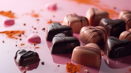 Sticker -  a pile of chocolates sitting on top of a table next to a pile of powdered orange peels and sprinkled with pink and orange zestrees.