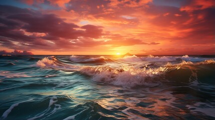 Sunset at sea with big waves