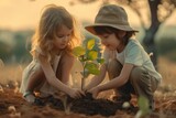 Fototapeta Natura - two kids plant the tree in the field, teamwork concept
