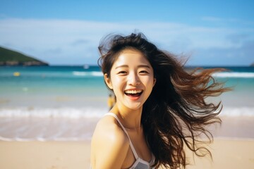 Sticker - Asian woman smiling happy on tropical beach