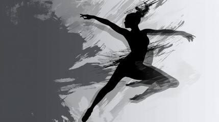 Poster -  a black and white photo of a ballerina on a gray and white background with a splash of paint on the bottom half of the image and bottom half of the ballerina's body.