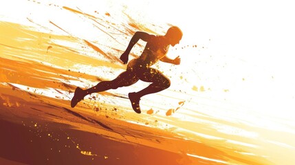 Wall Mural -  a silhouette of a man running on a beach with the sun shining down on the water and splashing on the sand and behind him is an orange and yellow background.