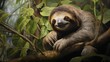  a painting of a sloth sitting on a tree branch with leaves around it's neck and a smile on the face of the sloth's face.