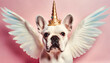 bulldogge, horn, potrait, close up, hintergrund, valentinstag, konzept, liebe, amor, hund, rosa, einhorn, engel, cartoon, spass, neu, karte, copy space
