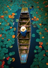 A Fisherman With His Boat On The Lake Surrounded By Water Lilies, Aerial View, Documentary Photography, Realistic Representations Of Everyday Life, Nostalgic Themes. Vietnam Landscape, Cambodian Art.