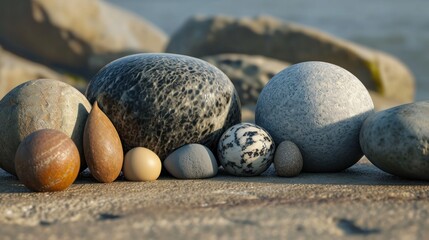 Wall Mural -  a group of rocks sitting on top of a beach next to a body of water with rocks in the foreground and rocks on the ground in the foreground.